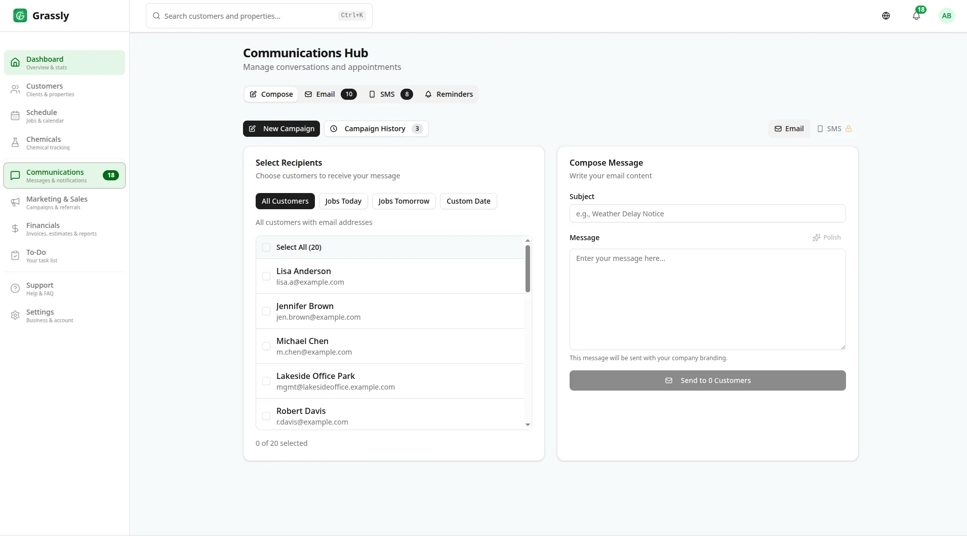 Message inbox with customer conversation threads