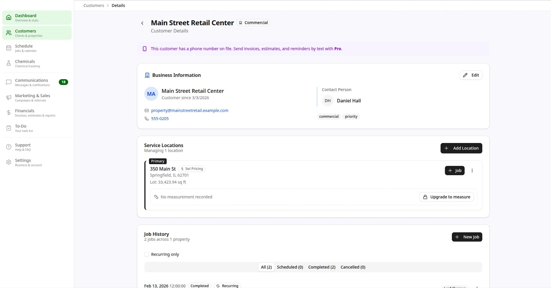 Customer profile with properties, job history, invoices, and messages