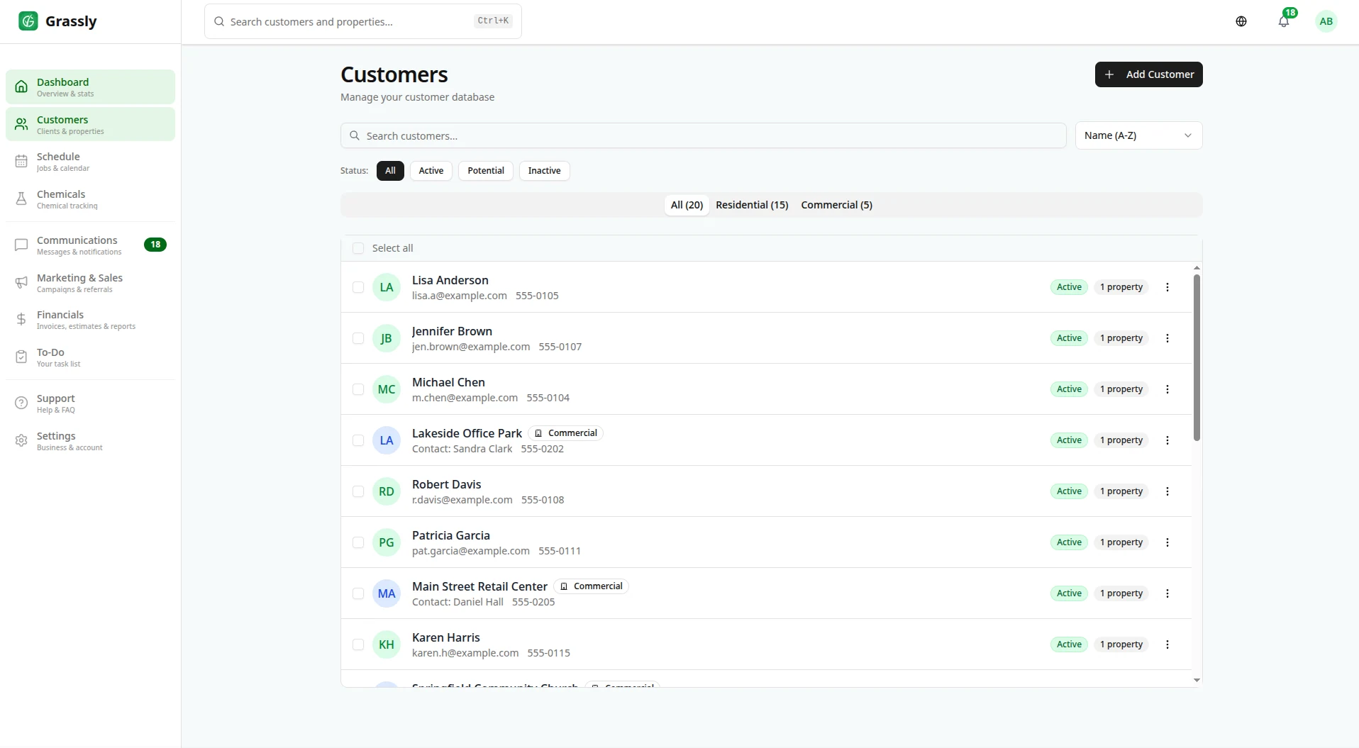 Searchable customer list with residential and commercial badges