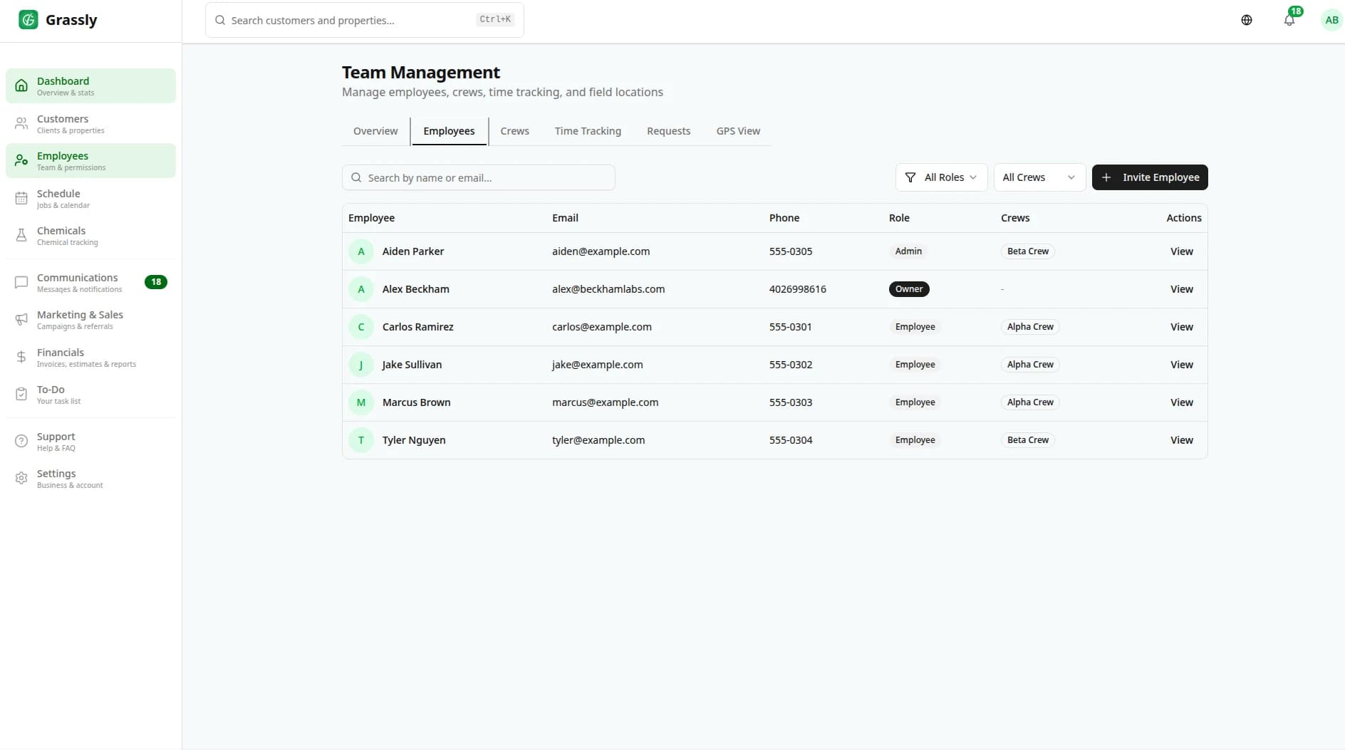 Employee roster with roles and invite management
