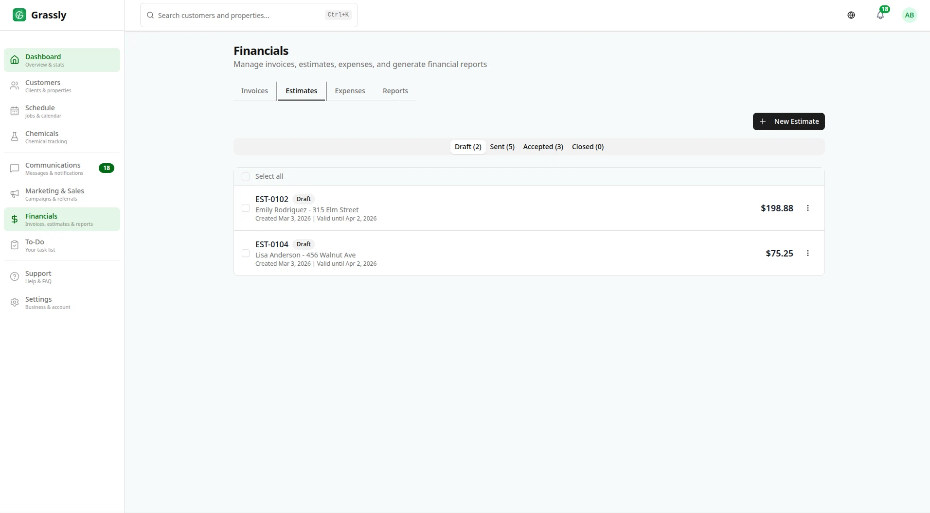 Estimate list with pending, approved, and declined status badges