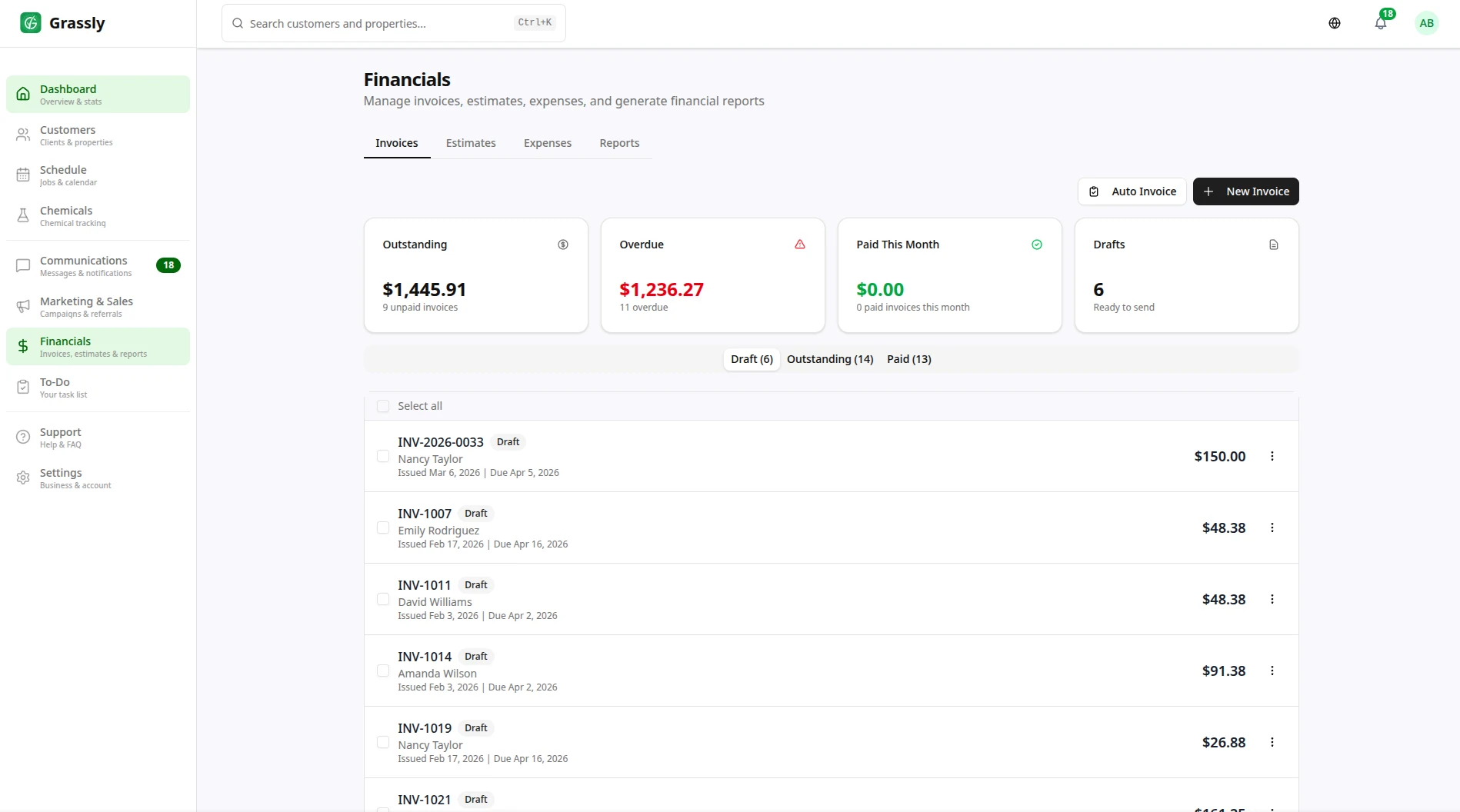 Invoice list with draft, sent, paid, and overdue status badges