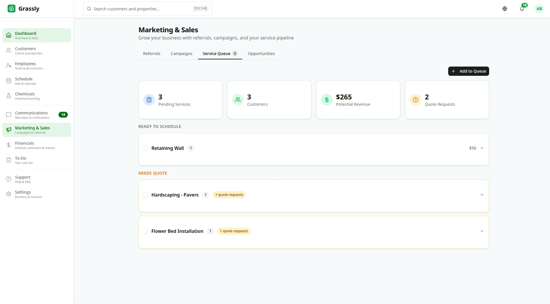 Needs Quote queue showing lead conversion pipeline