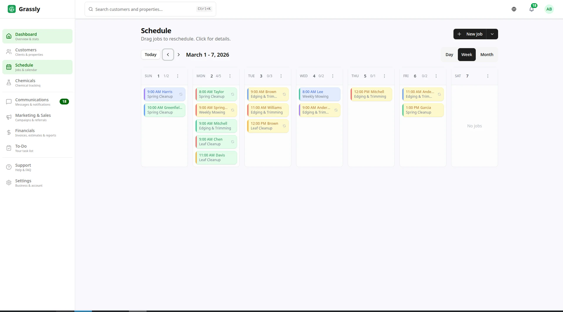 Weekly schedule calendar with colored job cards and weather forecast
